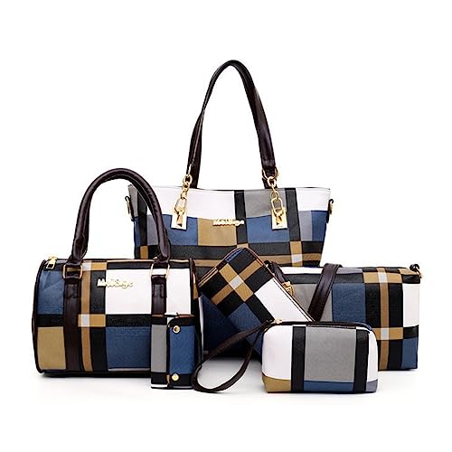 AlwaySky Damen 6pcs Tote Geldbörse Handtaschen Set PU Leder Top-Griff Crossbody Tasche Kupplung Geldbörse Schlüsselhalter Blau von AlwaySky