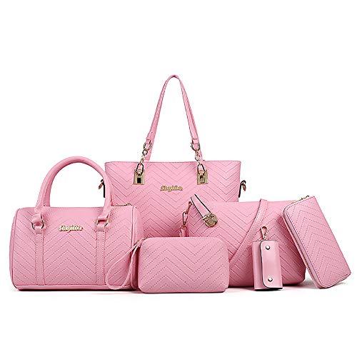 AlwaySky Damen Handtaschen Set 6 Stück PU-Leder Top Griff Tasche Frauen Shopper Geldbörse Umhängetasche, Rosa von AlwaySky