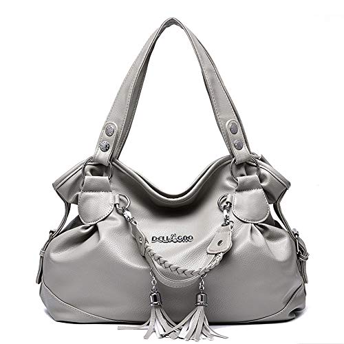 AlwaySky Damen Top-Griff Handtaschen, Super Soft Leder Schultertasche mit Quaste Klassische Freizeit Tote für Damen Damen Grau von AlwaySky