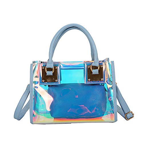 AlwaySky Damenmode Transparente Tasche 2 in 1 Handtasche Top Griff Tote Schulter Crossbody Tasche (Laser-Blau) von AlwaySky