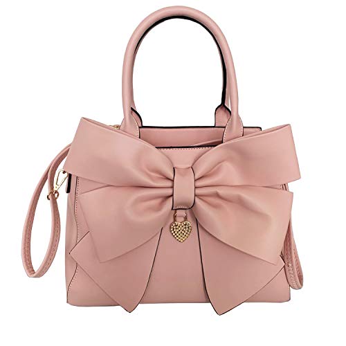 AlwaySky Frauen Handtasche 2-teiliges Set Großer Bogen-Knoten PU-Leder Top Griff Tasche Designer-Einkaufstasche Clutch Wallet Set für Damen, Rosa von AlwaySky