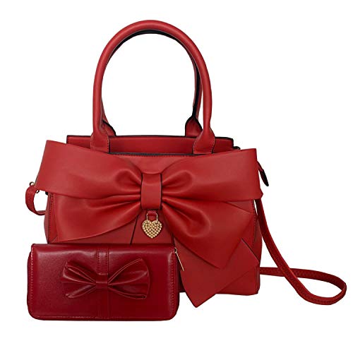AlwaySky Frauen Handtasche 2-teiliges Set Großer Bogen-Knoten PU-Leder Top Griff Tasche Designer-Einkaufstasche Clutch Wallet Set für Damen, Rot von AlwaySky