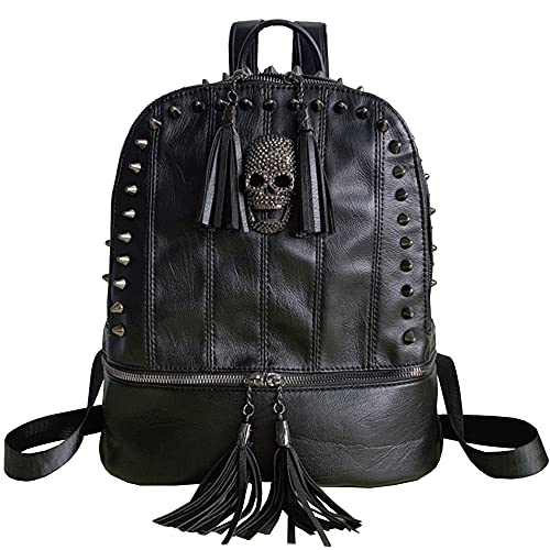 AlwaySky Damen Totenkopf-Rucksack, Nieten, modischer Tagesrucksack, Gothic-Geldbörse, Quaste, Reißverschluss, Runde Nieten, 1, Tagesrucksäcke von AlwaySky