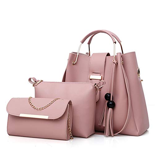 AlwaySky Frauen weiche PU-Leder-Handtasche 3 Stücke Set Tote Schultertasche Clutch Geldbörsen Set Rosa von AlwaySky