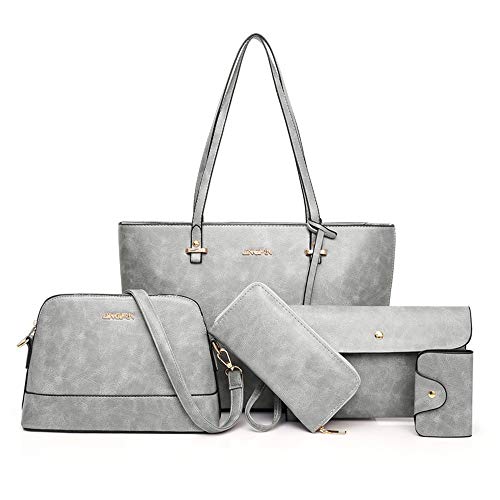 AlwaySky Handtaschen-Set für Damen 5er Pack Tote Geldbörse Handtaschen Set PU-Leder Schulranzen Umhängetasche Brieftasche Kartenhalter Taschenset, Grau von AlwaySky
