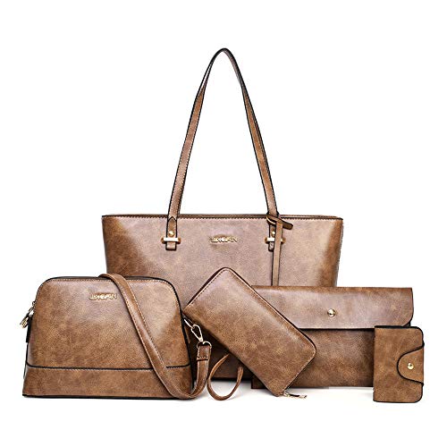 AlwaySky Handtaschen-Set für Damen 5er Pack Tote Geldbörse Handtaschen Set PU-Leder Schulranzen Umhängetasche Brieftasche Kartenhalter Taschenset, Kaffee von AlwaySky
