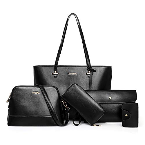 AlwaySky Handtaschen-Set für Damen 5er Pack Tote Geldbörse Handtaschen Set PU-Leder Schulranzen Umhängetasche Brieftasche Kartenhalter Taschenset, Schwarz von AlwaySky