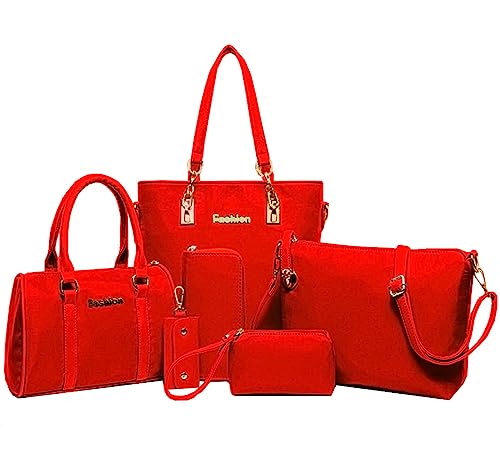 AlwaySky Nylon Damen Schultertasche Henkeltaschen Handtasche Tote Geldbörse Brieftasche Schlüsselfall Sechsteiliges Set (Rot) von AlwaySky