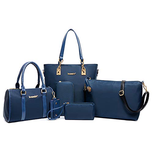 AlwaySky Nylon Damen Schultertasche Henkeltaschen Handtasche Tote Geldbörse Brieftasche Schlüsselfall Sechsteiliges Set Blau von AlwaySky