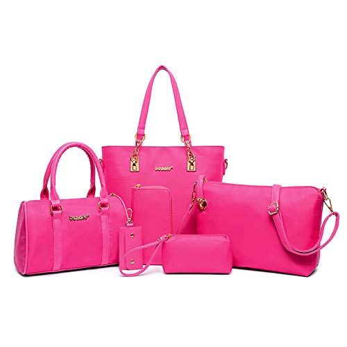 AlwaySky Nylon Damen Schultertasche Henkeltaschen Handtasche Tote Geldbörse Brieftasche Schlüsselfall Sechsteiliges Set Rosa von AlwaySky