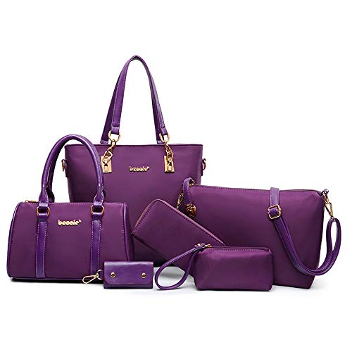 AlwaySky Nylon Damen Schultertasche Henkeltaschen Handtasche Tote Geldbörse Brieftasche Schlüsselfall Sechsteiliges Set lila von AlwaySky