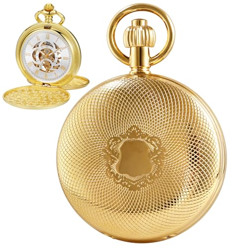 Alwesam Mechanische Herren-Taschenuhr, Kupfer, doppeltes Zifferblatt, römische Ziffern, Handaufzug, Taschenuhr mit Kette und Box, Gold von Alwesam