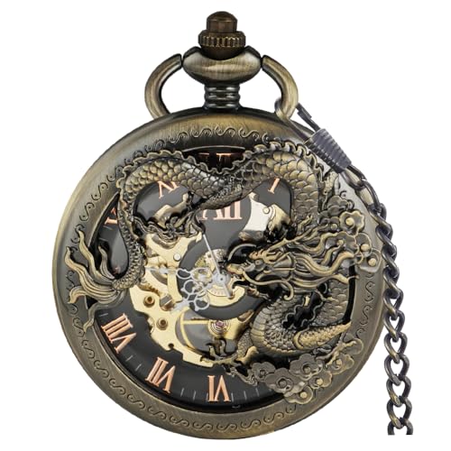 Alwesam Mechanische Taschenuhr für Herren, Drachen-Design, Handaufzug, römische Ziffern, Steampunk, mit Kettenbox, Bronze-Schwarz, Mechanisch, PJX1346-SILVER von Alwesam