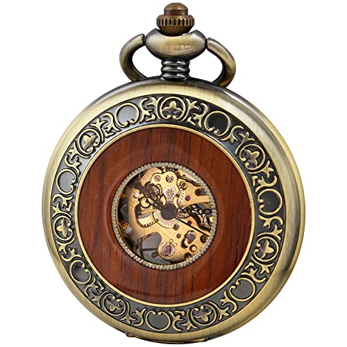 Alwesam Mechanische Taschenuhr für Herren, Handaufzug, Steampunk, Holzmaserung, hohles Design, mit Kette und Box, Bronze - 038 von Alwesam