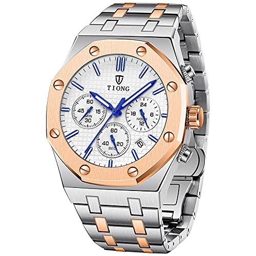 Tiong Rose weißes Quarzstahlband Business Herrenuhr 6-poliges Quarzwerk wasserdichte Herrenuhr aus Rose weiß，Vatertagsgeschenk von Alwesam