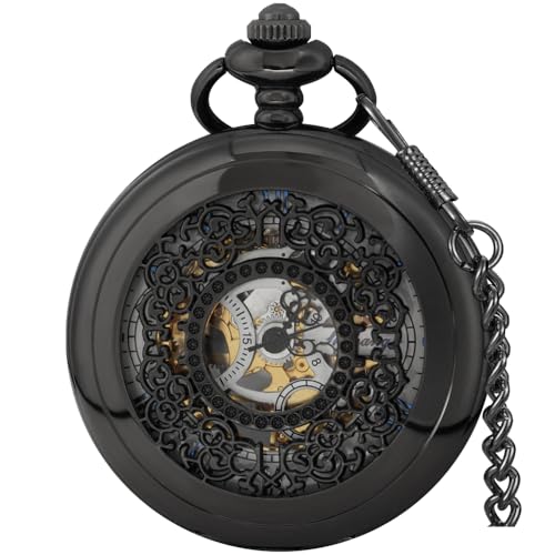 Alwesam Steampunk Herren Vintage Skelett Taschenuhr Mechanische Windzeiger Halb Jäger Mechanismus Hohlabdeckung mit Kette, Schwarz / Weiß - 15 von Alwesam