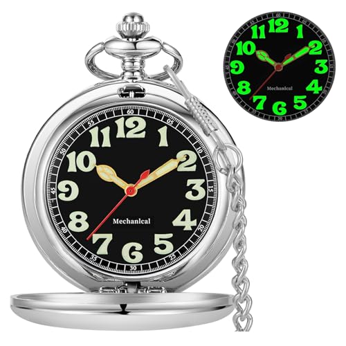 Alwesam Taschenuhr, mechanisch, leuchtend, arabische Ziffern, mit Kette und Box, tolles Geschenk (PJX008-Silber-1), Silber - 08-1, Geschenk von Alwesam