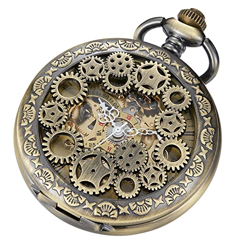 Alwesam Vintage Steampunk Römische Buchstaben Design Gehäuse Mechanische Taschenuhr mit Ketten & Boxen für Geschenke, Bronze 07 von Alwesam