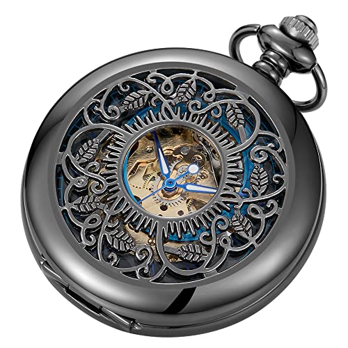 Alwesam Vintage Steampunk-Taschenuhr, Blatt-Design, mechanisch, mit Ketten und Boxen für Geschenke, Schwarz Blau - 11 von Alwesam