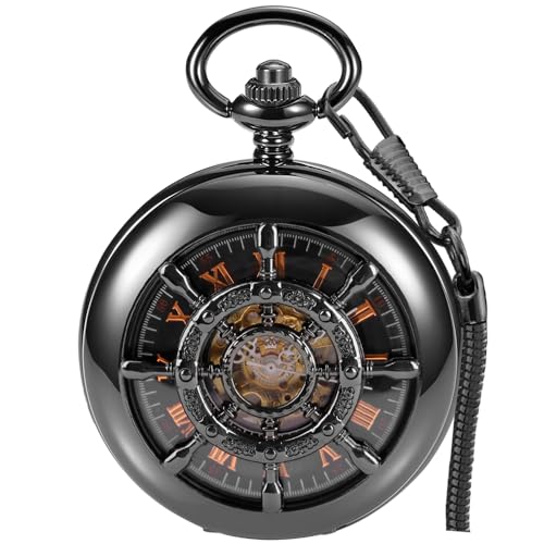 Alwesam Mechanische Taschenuhr für Herren, Holoow-Design, Handaufzug, römische Ziffern, Steampunk, mit Kettenbox, Schwarz - 63, Geschenk von Alwesam