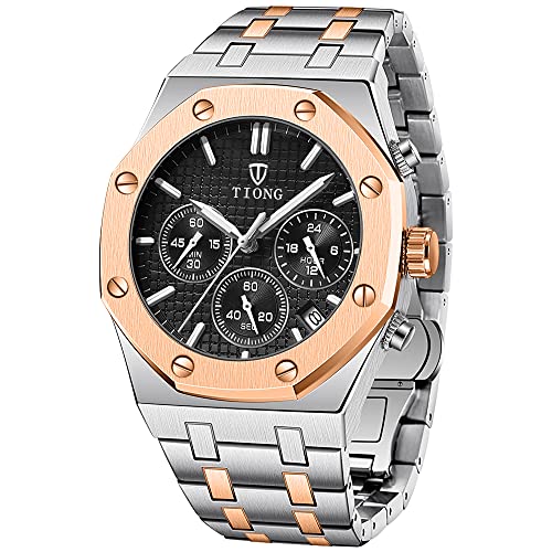 Tiong Sechs Nadel rosa schwarzes Quarzstahlband Business Herrenuhr, Quarzwerk täglich wasserdichte Herrenuhr rosa schwarz，Vatertagsgeschenk von Alwesam