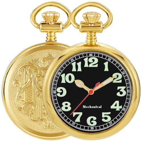 Taschenuhr, Legierung, Handaufzug, mechanische Taschenuhr, arabische Ziffern, Steampunk, mit Kette und Box, 09-Gold Taschenuhr, Legierung, Handaufzug, mechanische Taschenuhr, arabische Ziffern, Steampunk, mit Kette und Box, 09-Gold von Alwesam