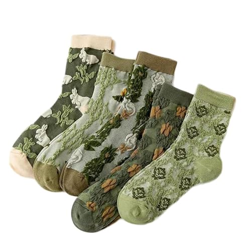 Alxad 5 Paar Bunte Socken Damen mit Rüschen, Vintage Bestickte Blumen Frauen Baumwollesocken, Weiche Atmungsaktive Crew Socken von Alxad