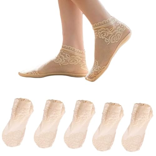 Alxad 5 Paar Damen Spitzen Rüschen Socken, Durchsichtige Socken Dünne Knöchel Socken, Kurze Socken Feinstrumpfsöckchen, Transparente Mesh Socken für Damen Mädchen von Alxad