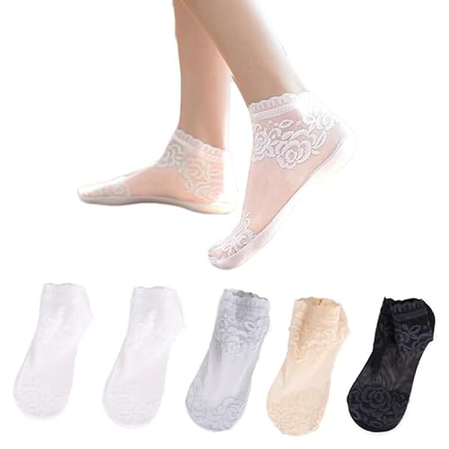 Alxad 5 Paar Damen Spitzen Rüschen Socken, Durchsichtige Socken Dünne Knöchel Socken, Kurze Socken Feinstrumpfsöckchen, Transparente Mesh Socken für Damen Mädchen von Alxad