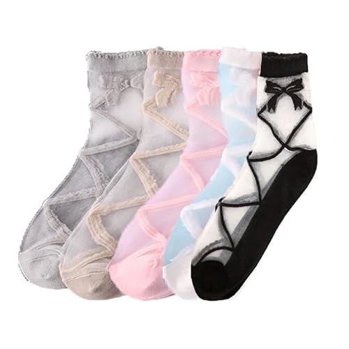 Alxad 5 Paar Durchsichtige Socken Damen Knöchel Nylon Socken Frauen Blumen Transparent Dünn Socken Rüschen Sommersocken Feinsöckchen für Damen und Mädchen von Alxad