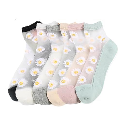 Alxad 5 Paar Durchsichtige Socken Damen Knöchel Nylon Socken Frauen Blumen Transparent Dünn Socken Rüschen Sommersocken Feinsöckchen für Damen und Mädchen von Alxad