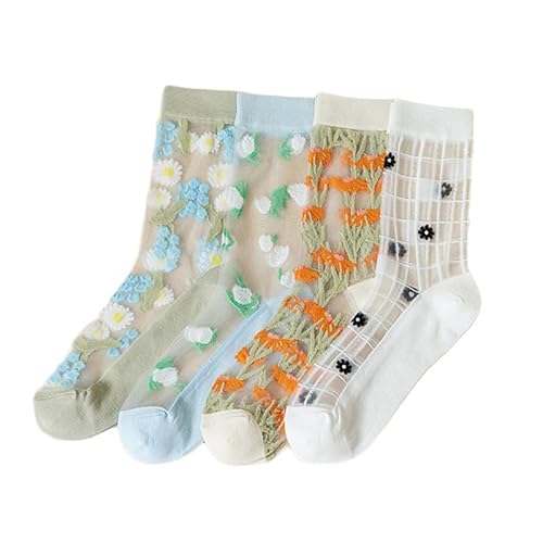 Alxad 5 Paar Transparente Socken Damen - Durchsichtige Dünne Feinstrümpfe, Atmungsaktive Muster Söckchen, Rüschen Blumensocken, Nylonsocken für Mädchen von Alxad