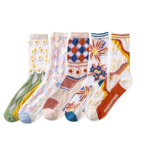Alxad 5 Paar transparente Damen Socken - Dünne Feinstrümpfe mit Atmungsaktiver Muster Söckchen Rüschen Blumensocken Nylonsocken für Damen Mädchen von Alxad