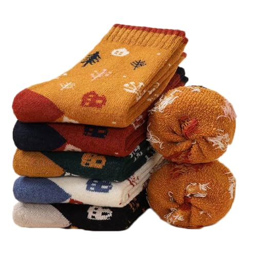 Alxad 5 Paare Socken Damen Warme Dicke Weiche Wintersocken Thermosocken Bunte Lustige Wollsocken mit Innenfrottee von Alxad