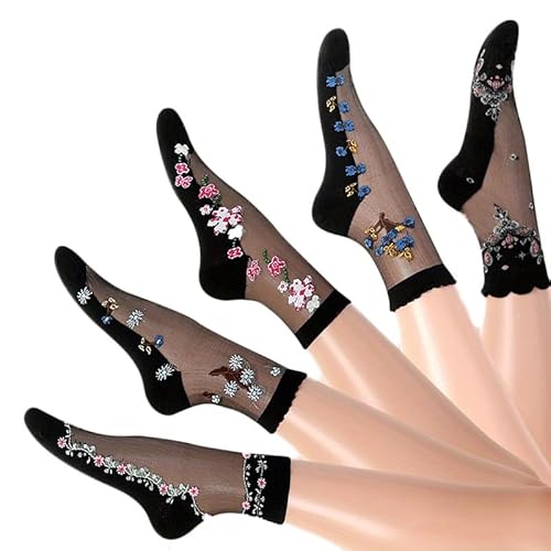 Alxad Nylonstrümpfe Damen Nylon Socken, Transparente Feinsöckchen Trachtensocken, Durchsichtige Söckchen Feinstrümpfe, Sommersocken Dünne Seiden Socken für Frauen 5 Paar von Alxad