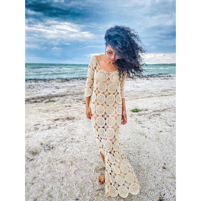 Strand Gehäkeltes Maxikleid/Kleid Für Strandhochzeiten Strandüberzug/Gehäkeltes Strandkleid/Weiß Beige Strandüberzug/Hochzeitskleid Boho von Alyafranka