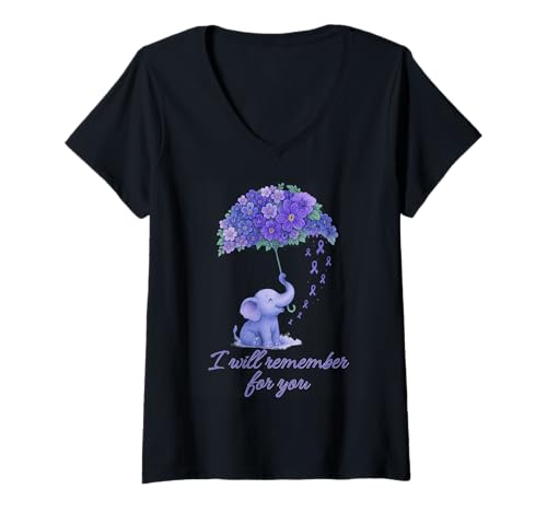 Damen Elefant lila I Will Remember For You Alzheimer Awareness T-Shirt mit V-Ausschnitt Damen Elefant lila I Will Remember For You Alzheimer Awareness T-Shirt mit V-Ausschnitt von Alzheimer's Awareness Dementia Purple