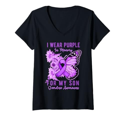 Damen In Erinnerung an Meinen Sohn, Bewusstsein für Überdosis, Schmetterling, Sonnenblume T-Shirt mit V-Ausschnitt Damen In Erinnerung an Meinen Sohn, Bewusstsein für Überdosis, Schmetterling, Sonnenblume T-Shirt mit V-Ausschnitt von Alzheimer's Awareness Support