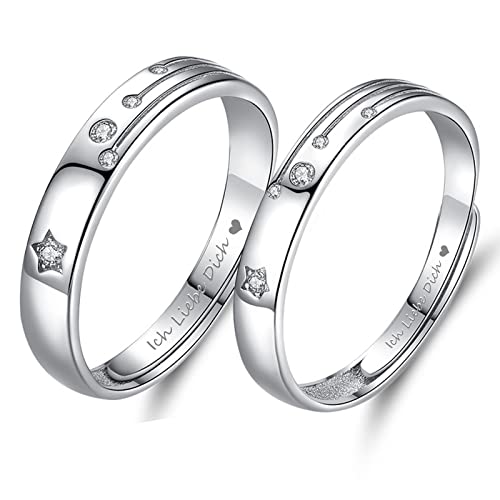 AMDXD 2er Hochzeitsring S925 Silber, Stern Gravur Ich Liebe Dich Partnerringe Silberring mit Cubic Zirkonia, 2Jährige Geschenk, Silber (Verstellbar) von AMDXD