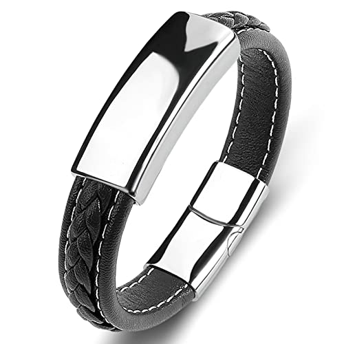 AMDXD Lederarmband Herren mit Gravur, PU Leder Herren Armband Gravur Dog Tag Armbänder Edelstahl Silber Schwarz Handhandgelenk Kette Edelstahl mit Magnet Verschluss, Länge 20cm von AMDXD