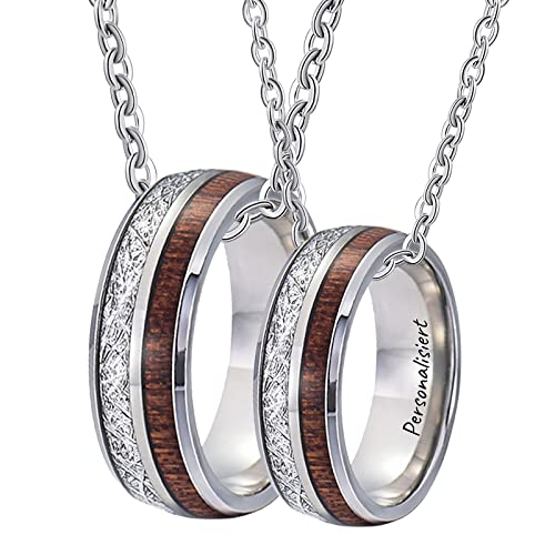 AMDXD Paar Kette 2pcs Wolfram, Partner Kette Personalisiert Silber Holz Kohlefaser mit Ring Anhänger für Damen Herren, Kettelänge 60cm 50cm, Breite 8MM von AMDXD