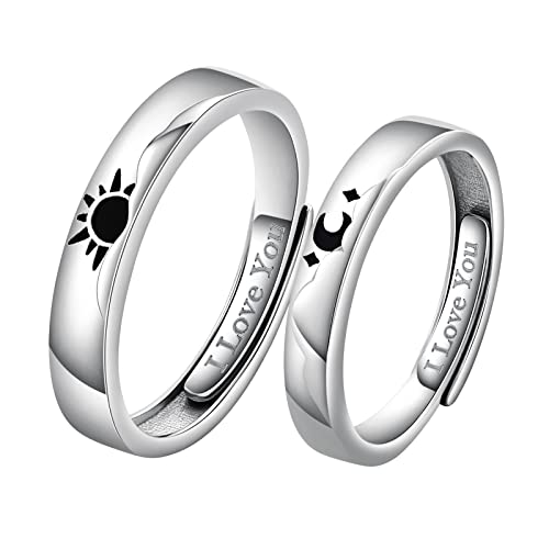 AMDXD Damen & Herren Paar Ringe, Moon Sonne Partnerringe 925 Sterling Silber Offen Verstellbare Versprechen Verlobungsring Hochzeitsring Band Ring mit Weiß 5A Zirkonia Geschenk für Freundin Freund von AMDXD