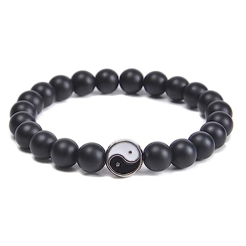 AMDXD SCHMUCK Armband 8mm Naturstein mit Anhänger Tai Chi Yin und Yang für sie und ihn, Premium Armband für Männer & Frauen, Tolle Geschenkidee - 21.5CM - Schwarz von AMDXD