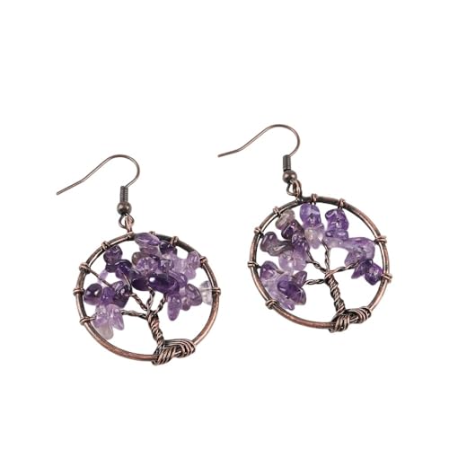 AmNooL Natürliche Amethyst Stein Tropfenohrringe, Baum Des Lebens Edelstein Ohrhänger, Baumelnde Ohrringe, Böhmische Statement Ohrringe Für Frauen Und Mädchen, Schmuck, Geschenk von AmNooL