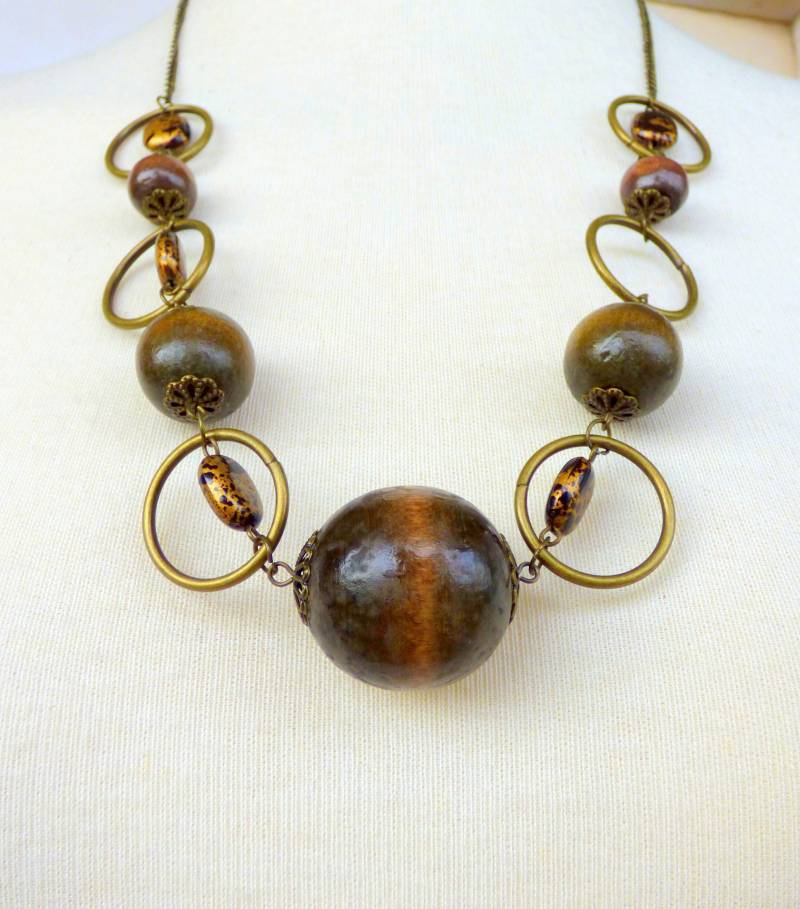 xx Holzperlenkette, Pullover-Halskette, Rinde-Perlen Aus Messing, Dunkelbraune Holzperlen, Halblange Halskette, Boho Schmuck von AmVaBe