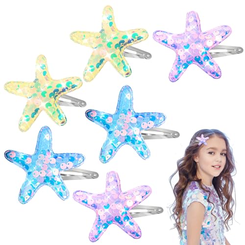 Amabro 6 Stück Seestern Haarspangen, 6 cm Stern Haarspangen Seestern Haarspangen Seestern Haar Accessoires Pailletten Haarnadeln glitzerndes Haar Alligator Haarklammer für Frauen Kind(A) von Amabro