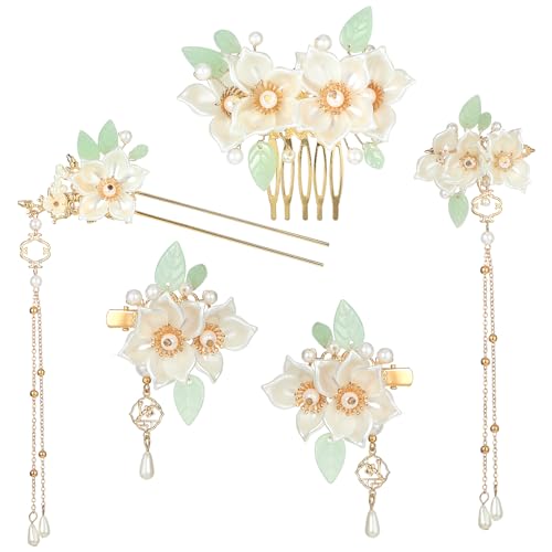 Amabro 5 Stück Braut Haarschmuck Hochzeit Gold,Blumen Haarnadeln Gold,French Hair Pin Hanfu Blumenspangen Haarklammer Set Hair Accessories Florales Retro Kopfstück Mit Quaste Traditionelles Hairpin von Amabro