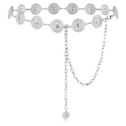 Amabro Damen Kettengürtel, Taillenkette Taille Gürtel Taille Kette Körperschmuck Bauchkette Körperschmuck Strand verstellbarer Metall Western Cowgirl Gürtel Silber Waist Chain für Kleid von Amabro