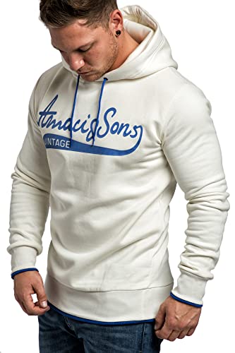 Amaci&Sons Herren Basic Kapuzenpullover Sweatjacke Pullover Hoodie Sweatshirt 4062 Weiß/Navyblau L von Amaci&Sons