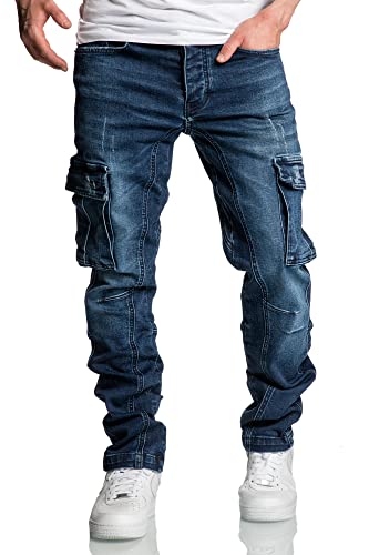 Amaci&Sons Herren Cargo Jeans Regular Slim Denim Hose Destroyed 7977 Dunkelblau W30/L32 von Amaci&Sons